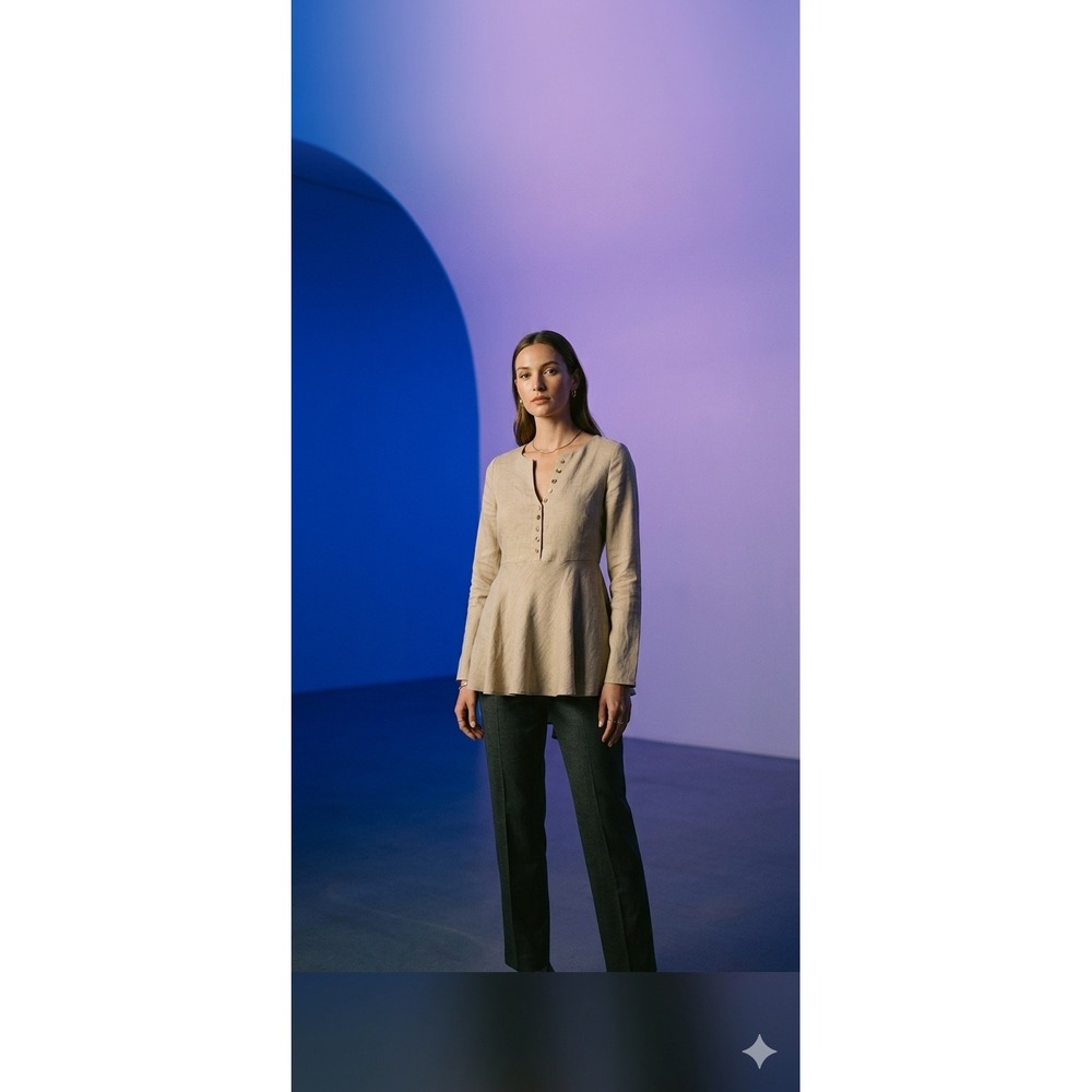 SARAH PACINI Long Sleeve 1/2 Button Peplum Style Linen Tunic Top Natural Size S